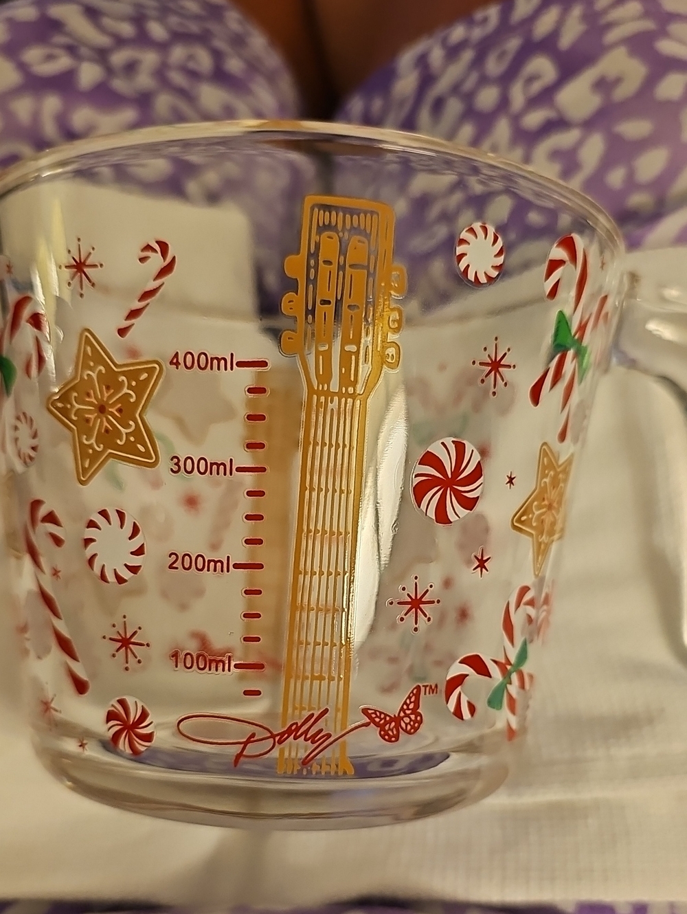 Dolly Parton Holiday Glass Measuring Cup - Gold & Red Candy Print